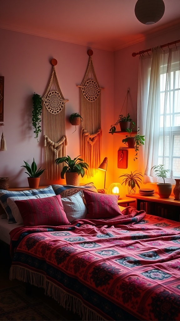 Cozy Boho style bedroom with warm mood lighting and decorative plants