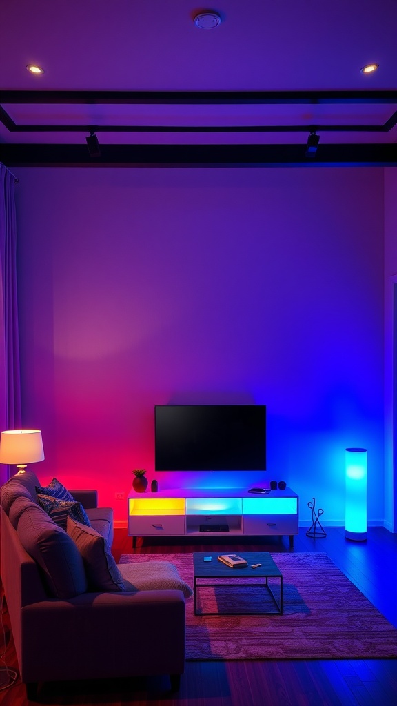 A cozy living room with color-changing LED lights creating a vibrant atmosphere.