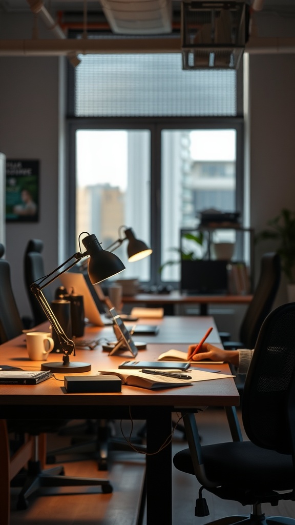 A modern office space with desk lamps providing warm lighting on the desks and a cozy atmosphere.
