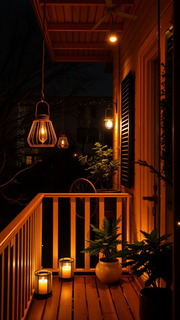 A small balcony with warm mood lighting from hanging and standing lanterns, surrounded by plants.