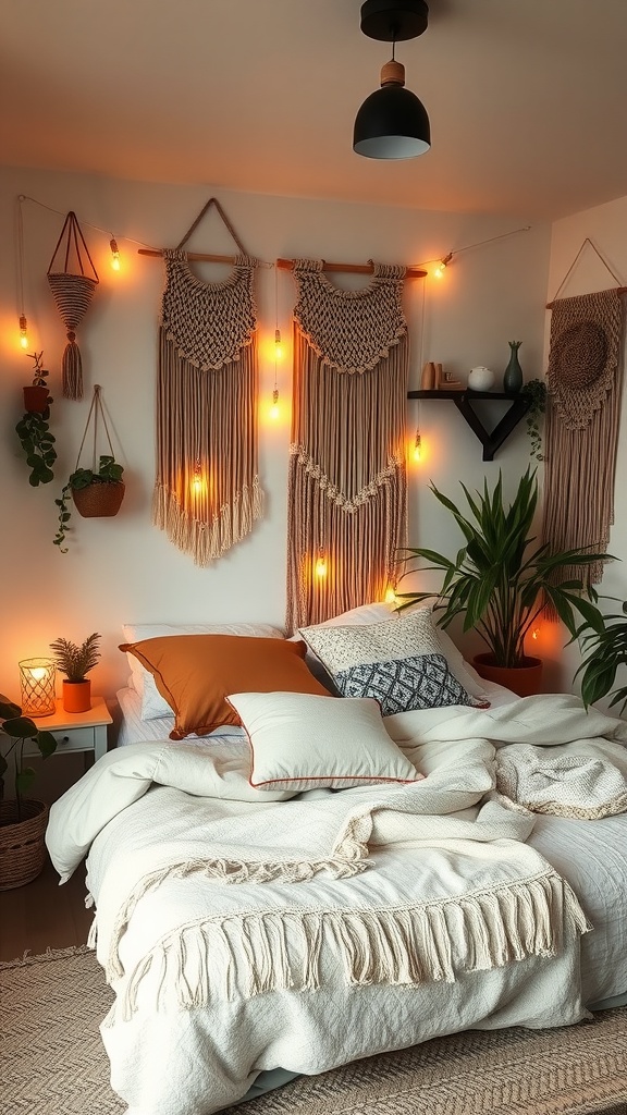 A cozy boho-style bedroom featuring macramé wall art, warm lighting, and plush bedding.