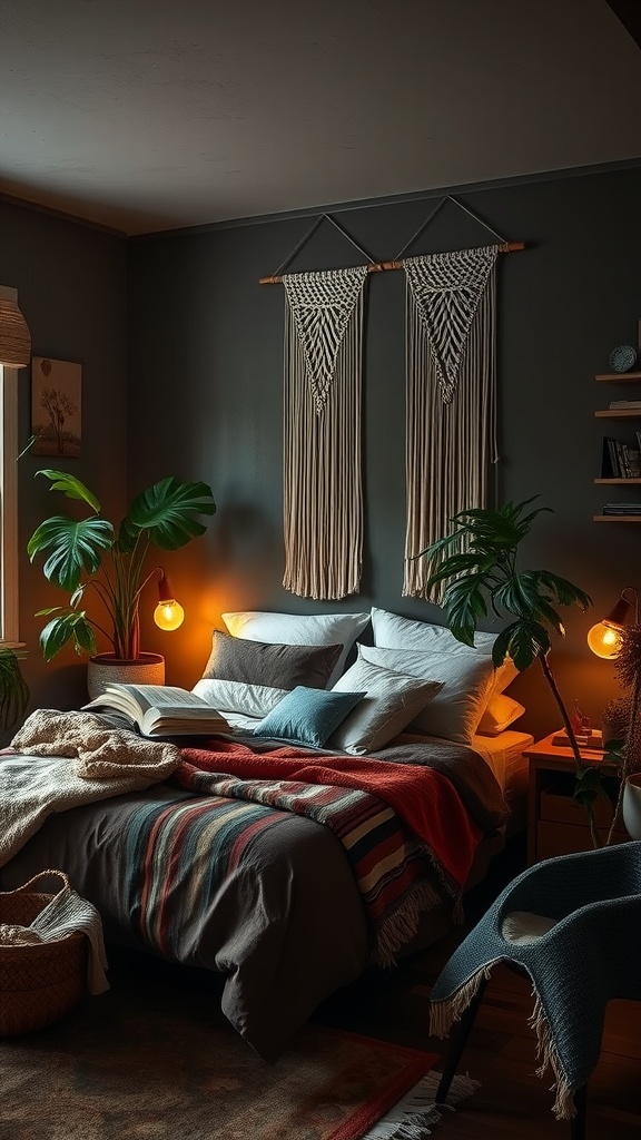 A cozy dark boho bedroom with layered bedding, warm lighting, and plants.