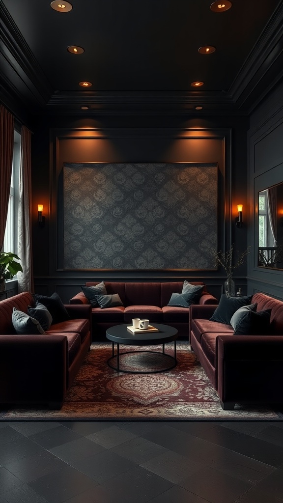 A moody living room featuring burgundy velvet sofas, a patterned rug, and warm lighting.