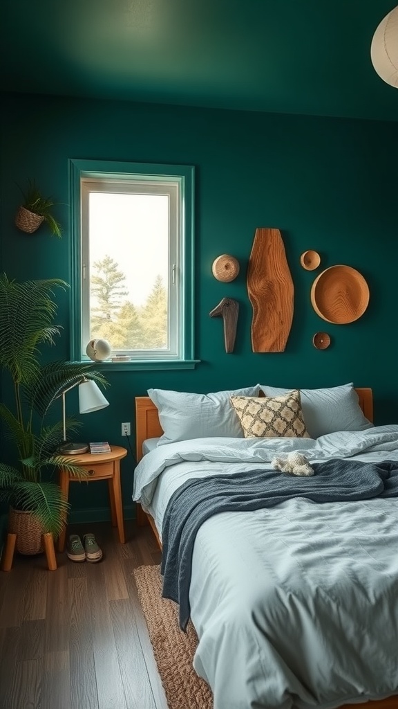 A cozy bedroom featuring forest green walls, wooden decor, a plush bed, and plants, creating a dark and moody atmosphere.