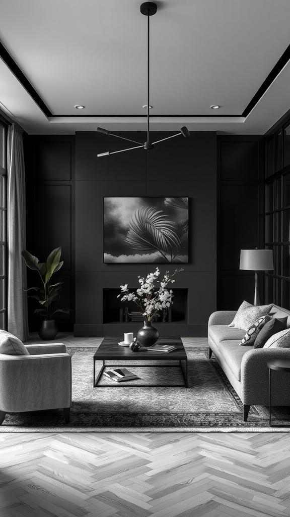 A modern living room featuring dark monochrome colors with a stylish sofa, armchairs, coffee table, and elegant decor.