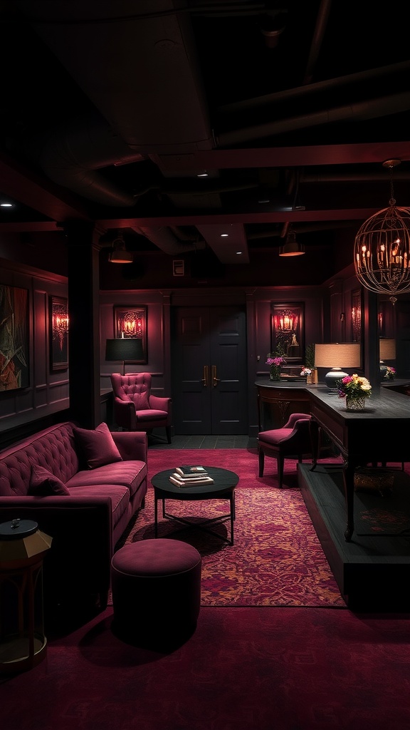 Cozy basement featuring plush furniture with moody plum walls and warm lighting