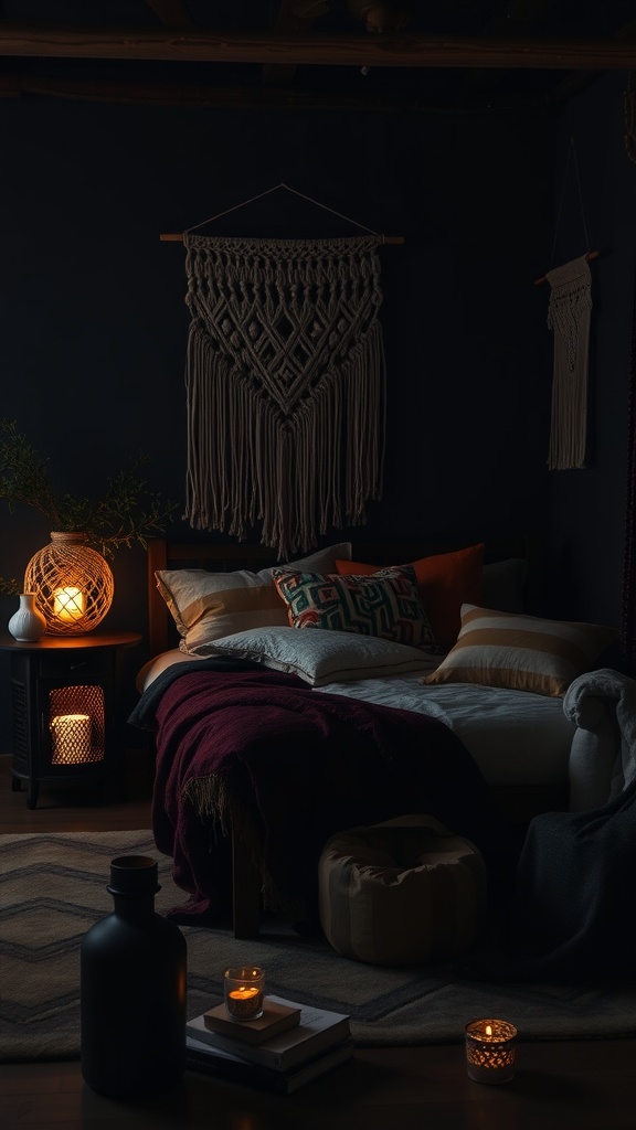 A cozy dark boho bedroom with warm lighting and textured decor.