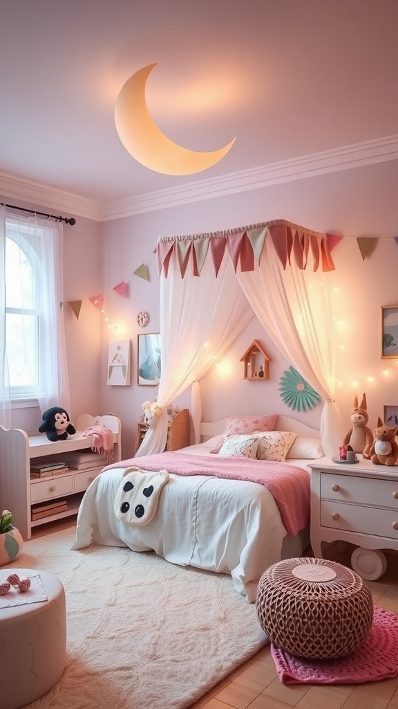 A boho style toddler bedroom featuring a moon light fixture, colorful decorations, and a cozy bed.