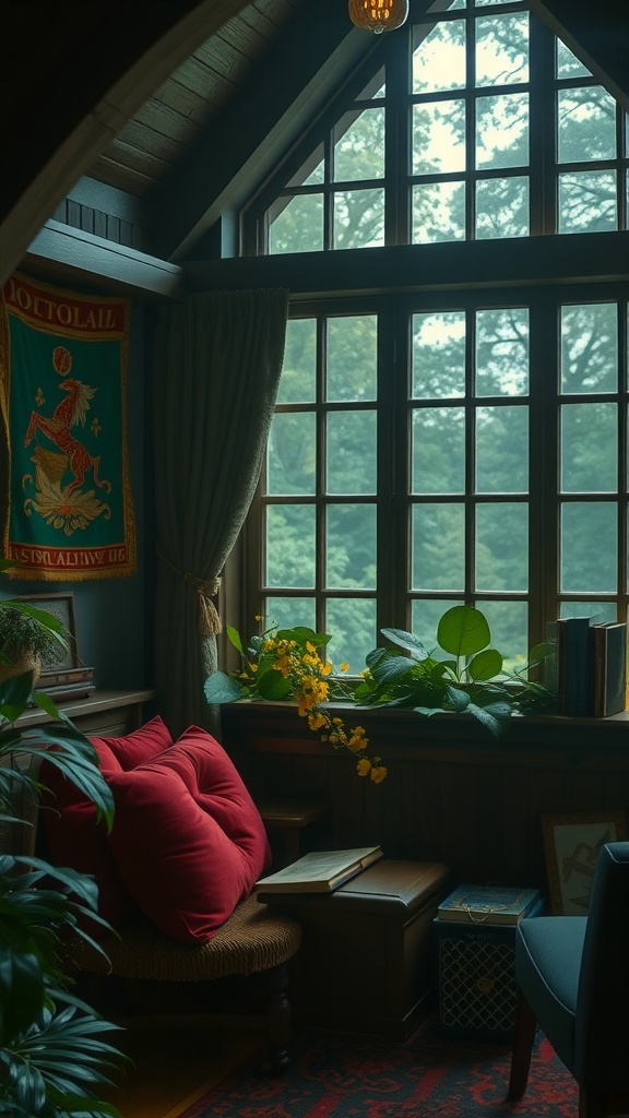 Cozy interior with large windows, red cushions, and plants, creating a moody atmosphere.