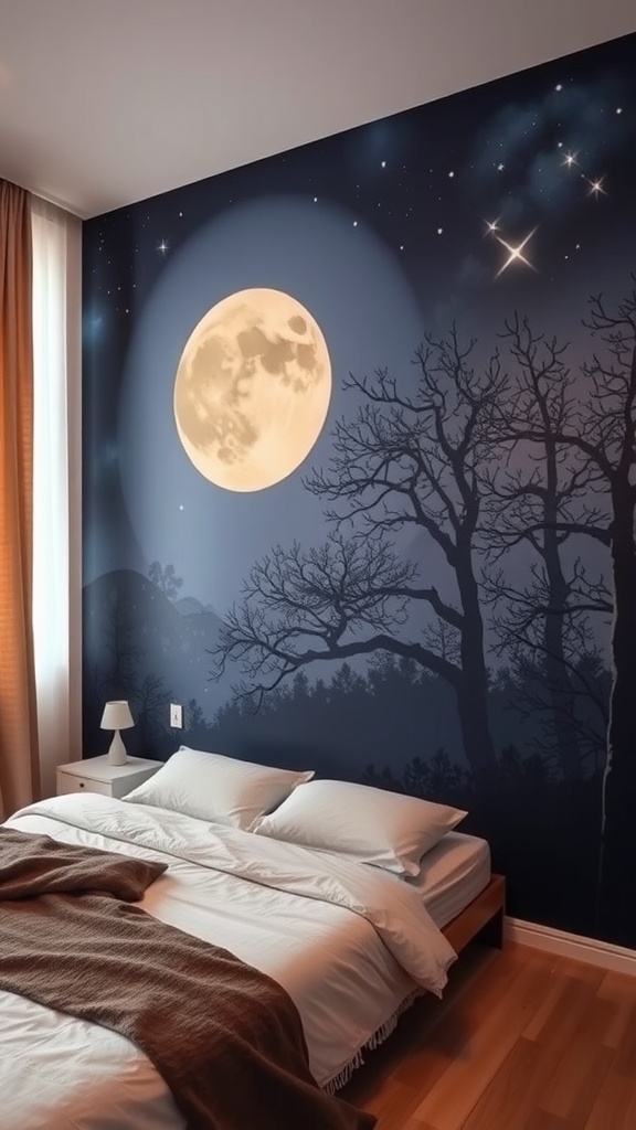 A bedroom featuring a moonlit wall mural with a large moon, stars, and silhouettes of trees.