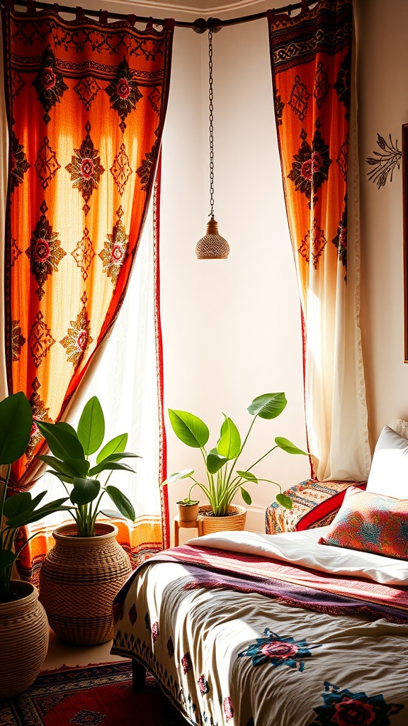 A cozy bedroom featuring Moroccan-inspired curtains in vibrant orange with intricate patterns, complemented by potted plants and colorful bedding.