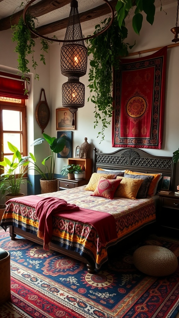 A cozy Moroccan-inspired boho bedroom featuring a patterned bedspread, decorative pillows, pendant lighting, and indoor plants.