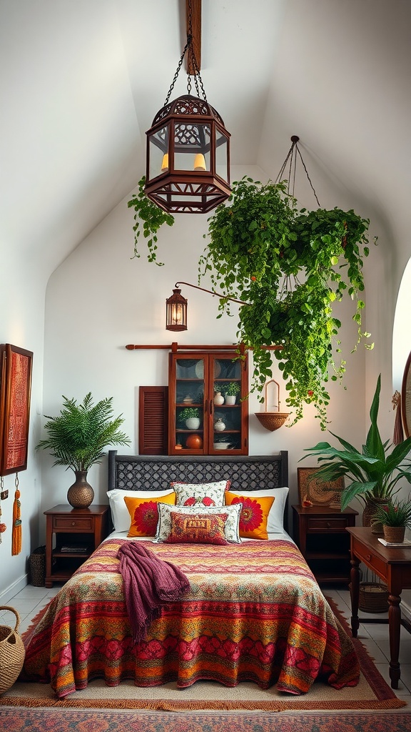 A Moroccan boho bedroom featuring high ceilings, vibrant textiles, and hanging plants.