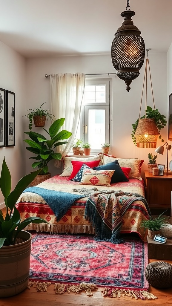 A cozy Moroccan boho bedroom featuring a vibrant bedspread, colorful pillows, hanging plants, and ornate lantern lighting.