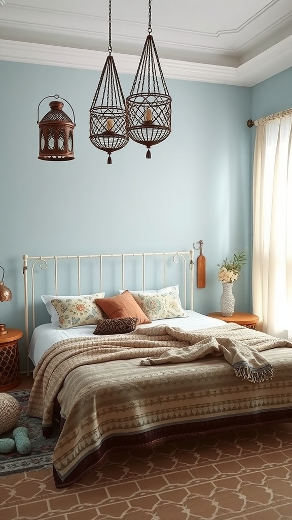 A beautifully decorated bedroom with light blue walls, hanging lanterns, and cozy textiles.