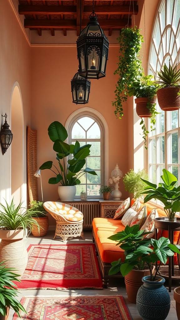 A Moroccan inspired sunroom with peach walls, hanging lanterns, vibrant cushions, and lush green plants.