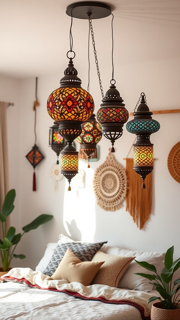 A cozy bedroom featuring colorful Moroccan lanterns hanging from the ceiling, surrounded by decorative wall art and plants.