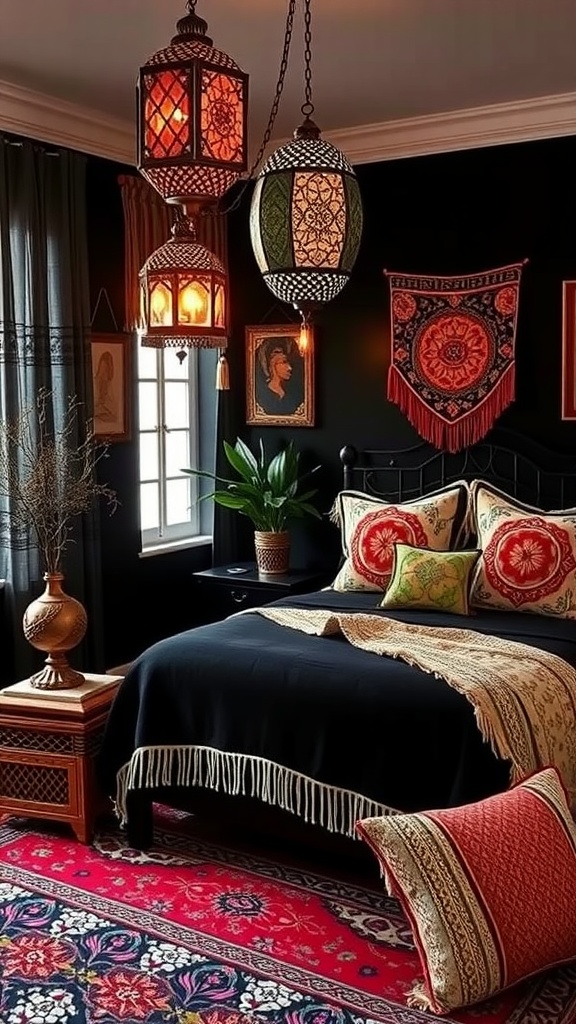 A Moroccan-inspired bedroom featuring black walls, colorful textiles, and decorative lanterns.