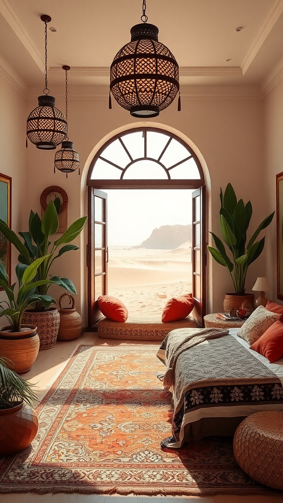 A cozy Moroccan-inspired bedroom with open doors leading to sandy dunes, featuring vibrant decor and lush plants.