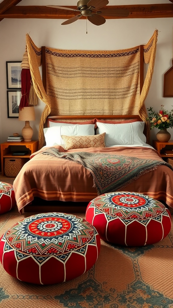 A cozy boho style bedroom featuring colorful Moroccan poufs, warm bedding, and woven textiles.