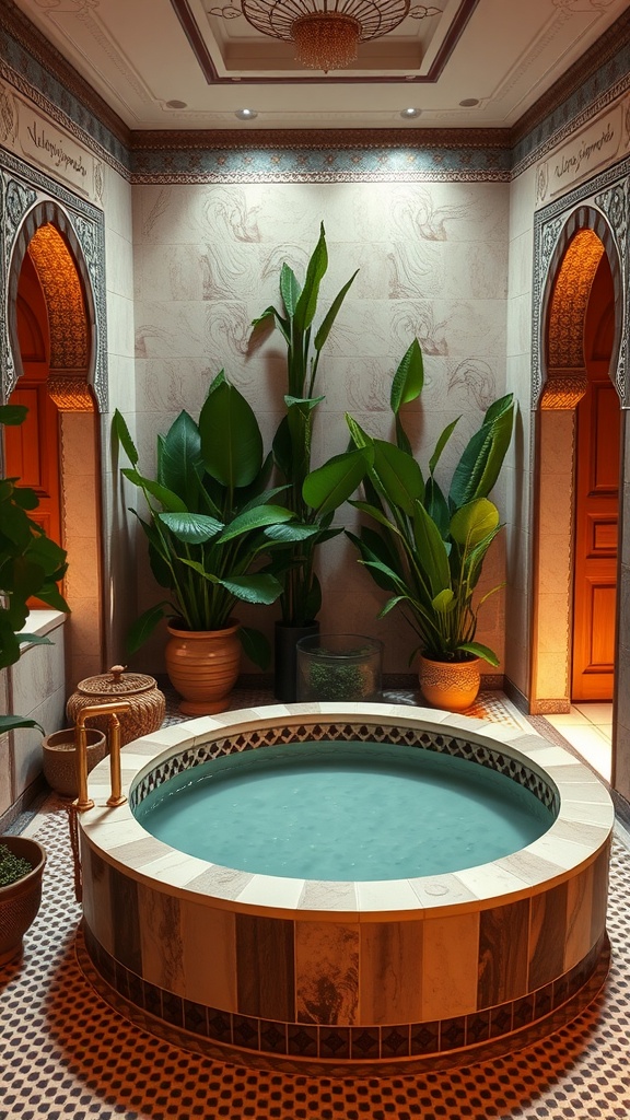 A luxurious Moroccan spa sanctuary featuring a circular soaking tub surrounded by greenery and intricate tile work.