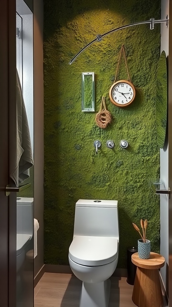 A bathroom featuring a moss green accent wall, a white toilet, and minimalist decor.