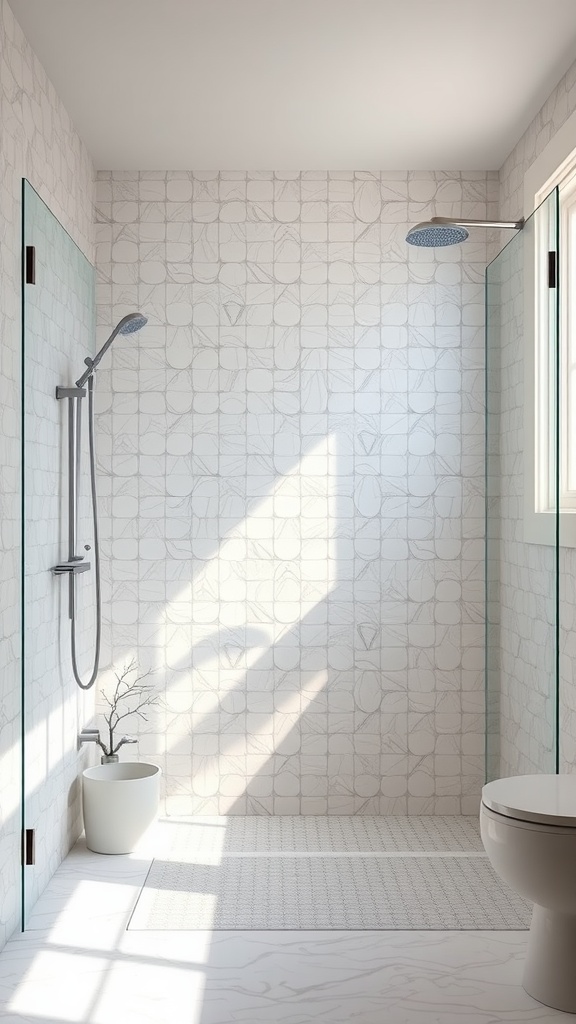 A modern walk-in shower featuring mother-of-pearl tiles, glass enclosure, and a minimalist design.