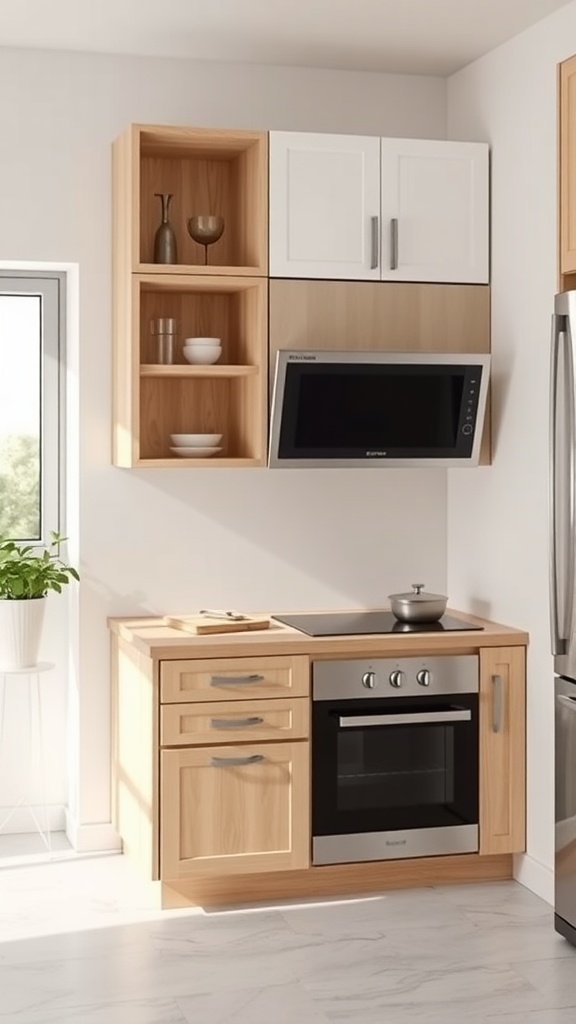 Modern farmhouse kitchen with mountable wooden cabinets and open shelving