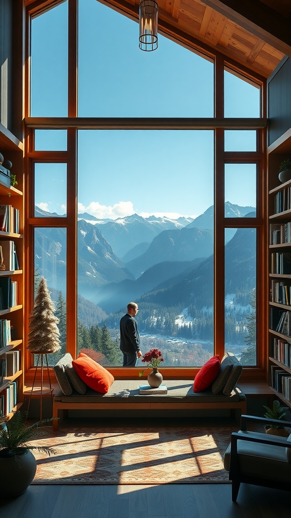 A mountain retreat library featuring a scenic window seat with vibrant pillows and stunning mountain views.