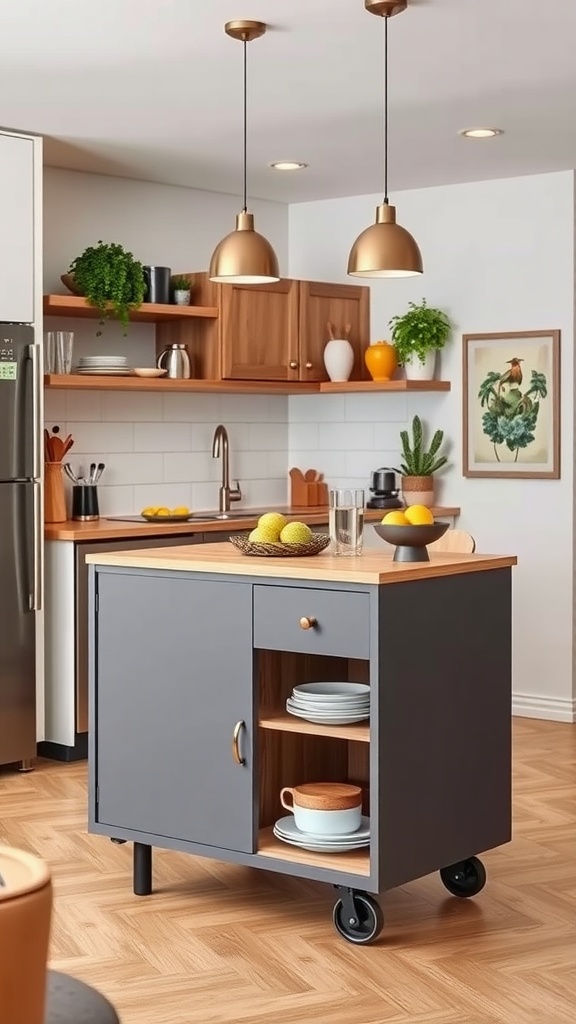 A stylish movable kitchen island with a wooden top and gray body, featuring shelves and a drawer, in a modern small apartment kitchen.