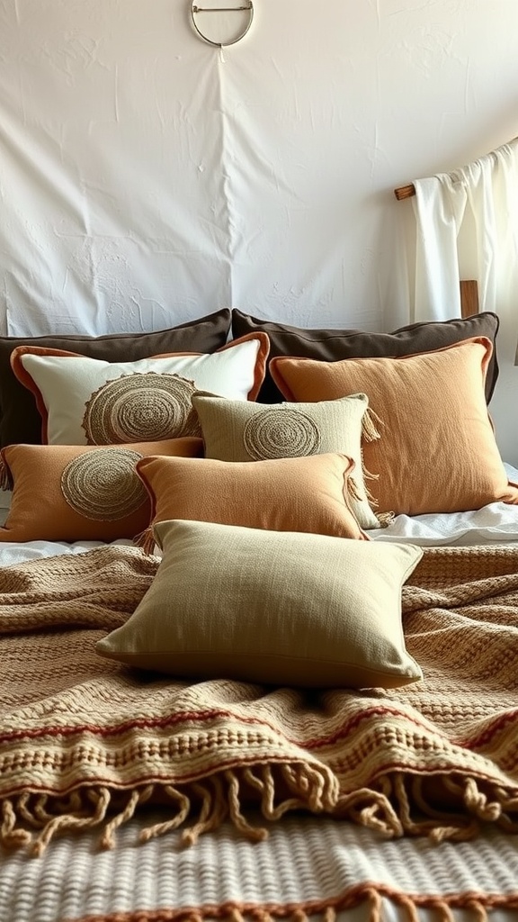 A cozy bed featuring a variety of mudcloth pillows in earthy tones.