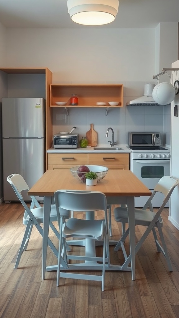 A small, modern kitchen featuring a dining table, chairs, and organized shelving.