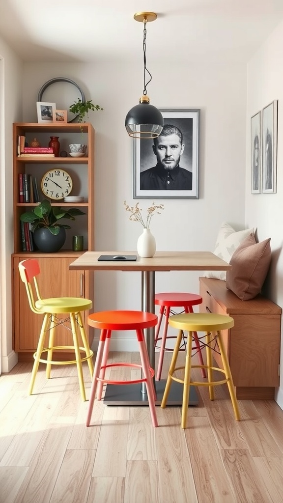 A compact dining nook featuring a foldable table and colorful stools in a small home.