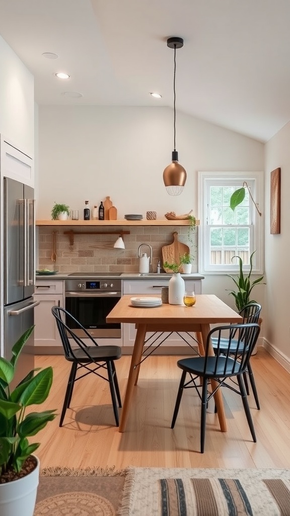 A small kitchen featuring a multi-functional table and chairs, complemented by plants and modern decor.