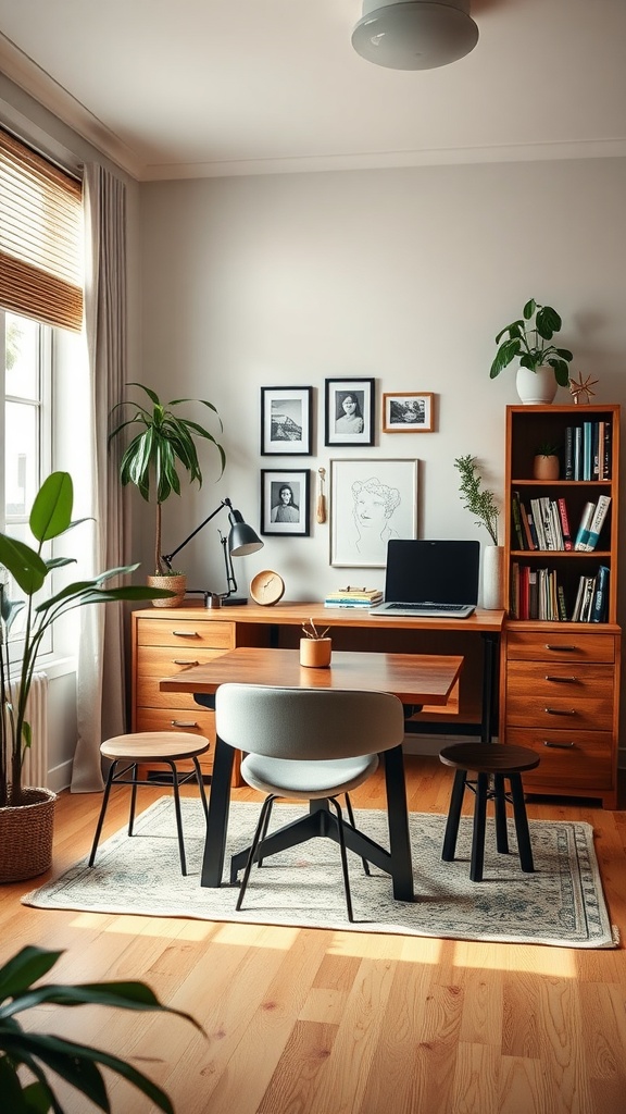 A cozy home office featuring a wooden desk, seating options, plants, and wall art.