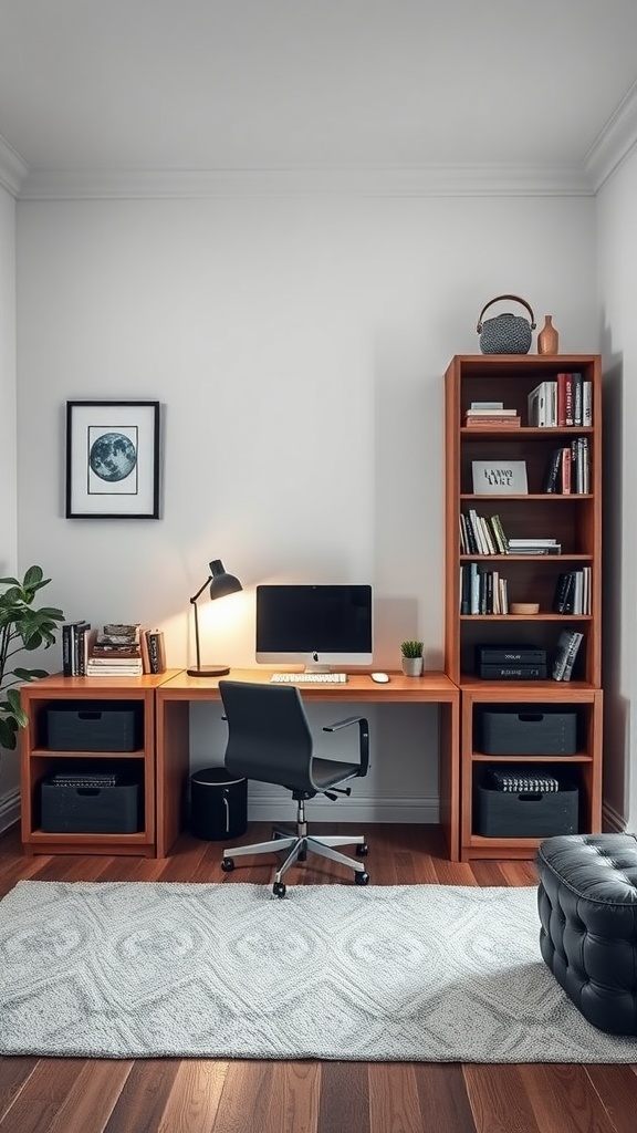 A cozy tiny home office with a wooden desk, shelves filled with books, and a comfortable chair.