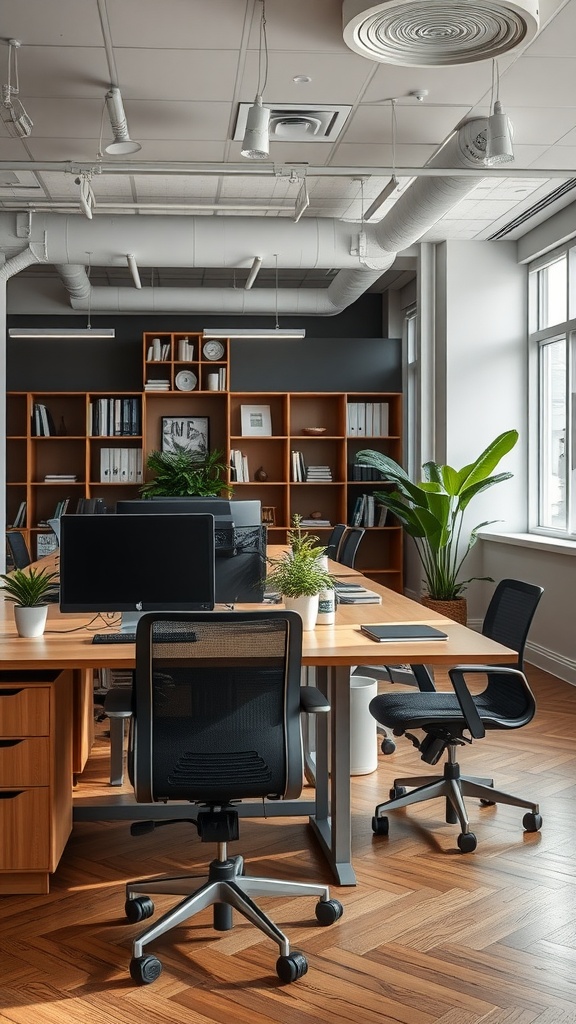 Modern office interior featuring a spacious table, ergonomic chairs, and organized shelving with plants.