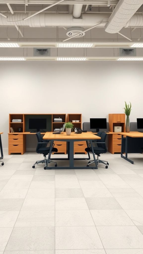 An organized 10x12 office space with multi-functional furniture including desks, storage units, and plants.