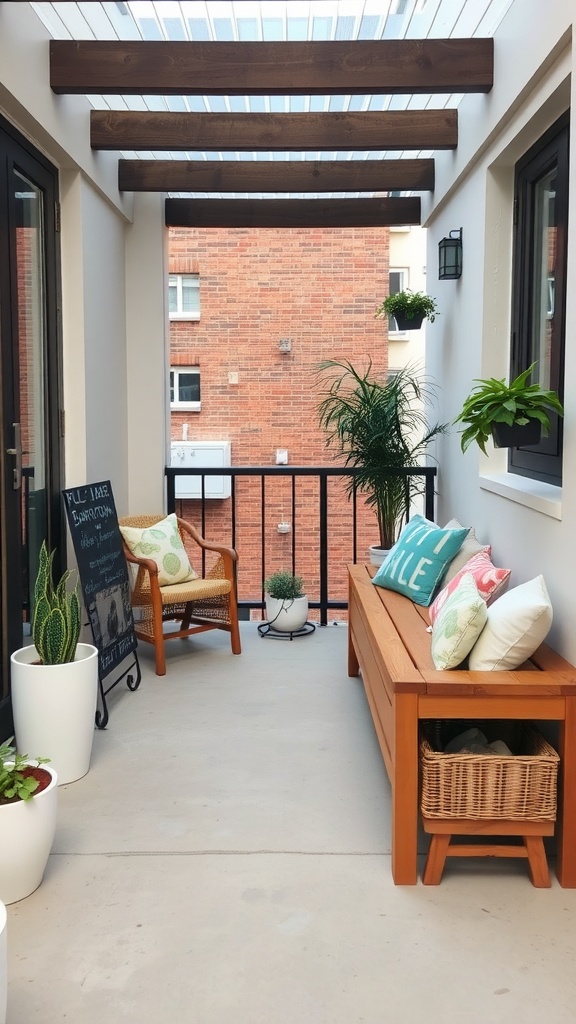 A small balcony with a wooden storage bench, plants, and cozy seating.