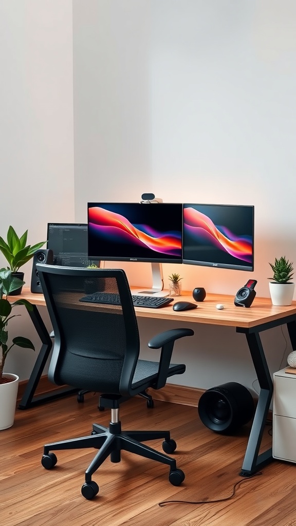 A home office setup with a multi-monitor tech station featuring two screens, a comfortable chair, and plants.