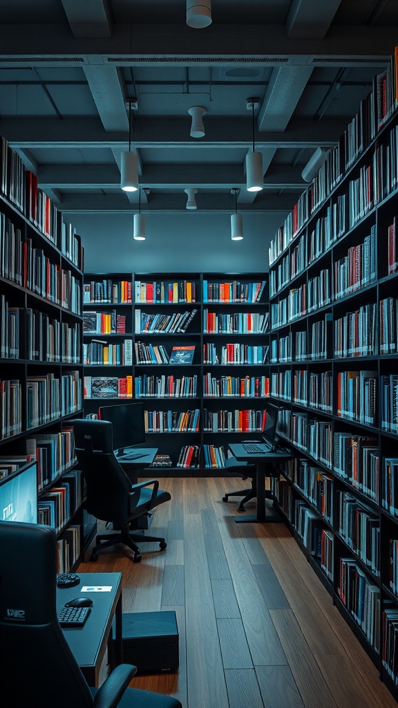 A stylish library with bookshelves and gaming space featuring two computers and ergonomic chairs.