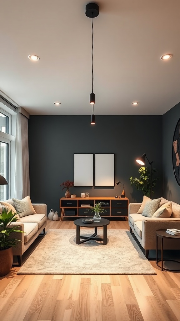 A modern living room with multi-purpose lighting, featuring a pendant light, recessed lights, and a floor lamp.