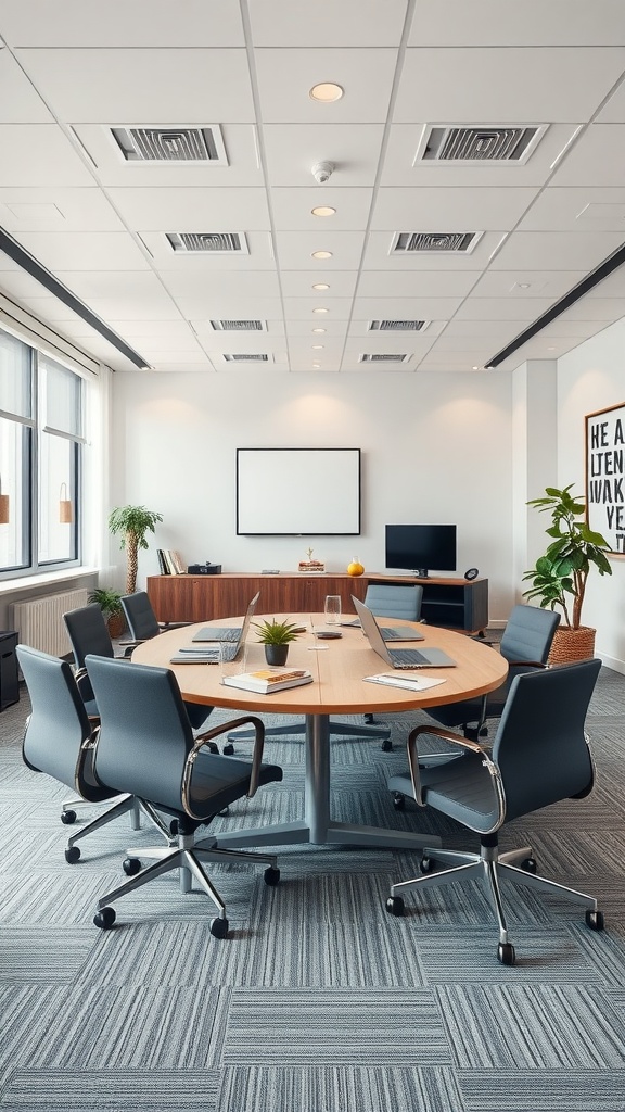 Multi-purpose meeting space with a round table, chairs, laptops, and plants