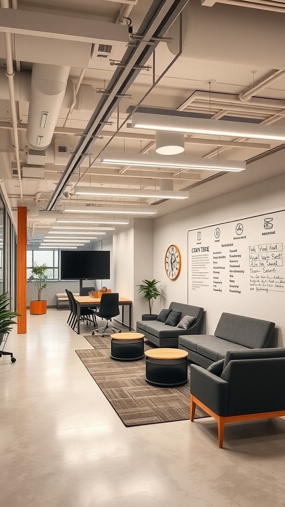 A modern multi-purpose workspace featuring a meeting area and a cozy seating arrangement.