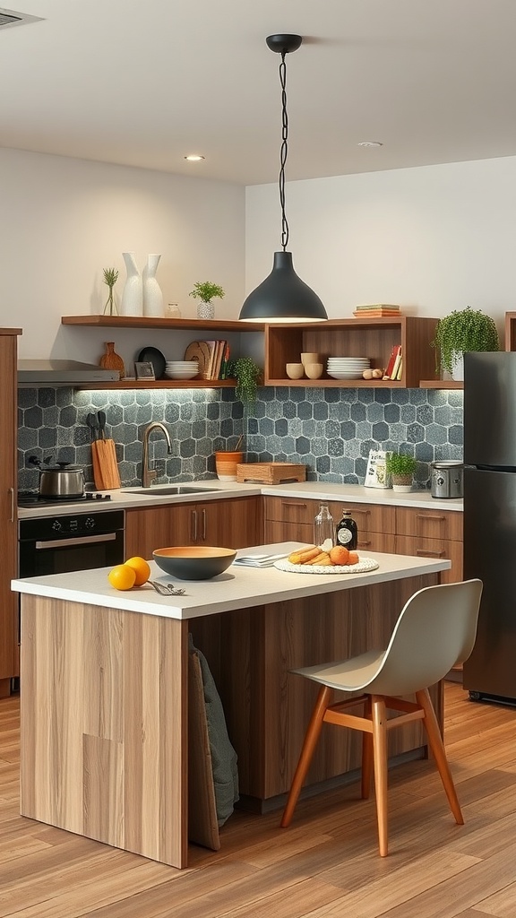 A modern small kitchen featuring a multifunctional kitchen island, wooden cabinets, and stylish decor.