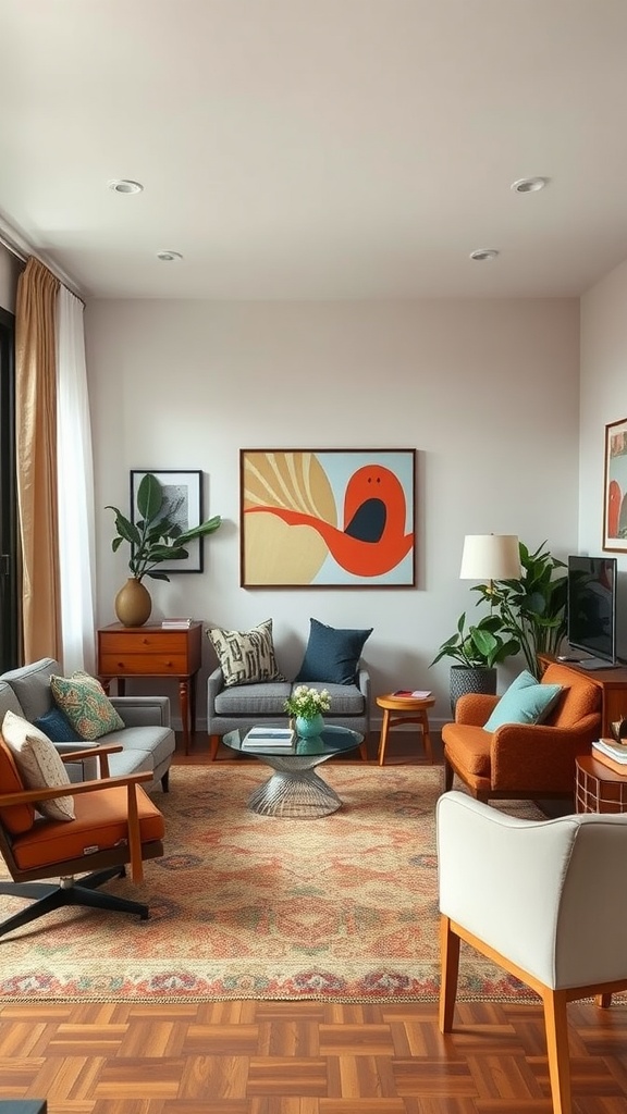 A cozy living room with eclectic furniture, vibrant colors, and plants, showcasing multifunctional space design.