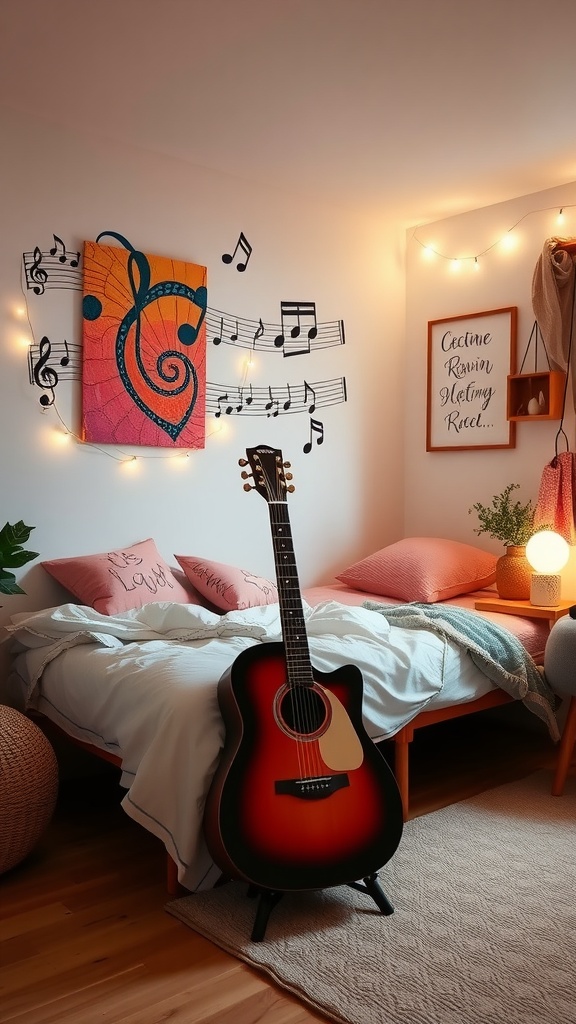 A boho bedroom with a guitar, musical note wall art, and cozy decor.