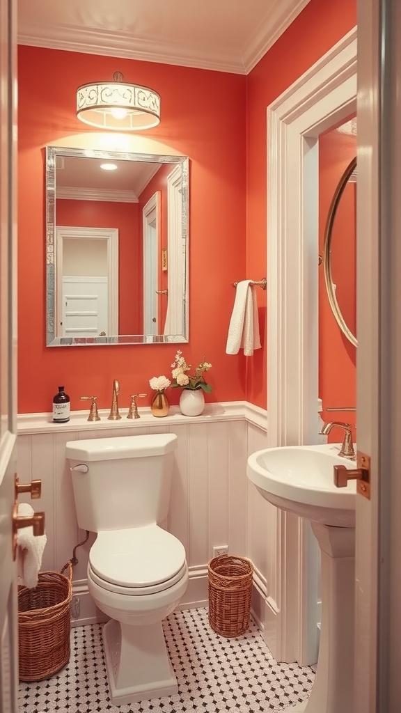 Small bathroom with muted coral walls, white fixtures, and a stylish decor
