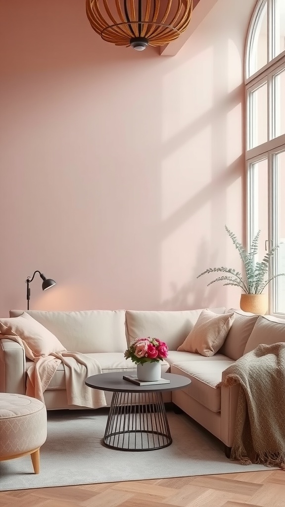 Cozy living room with muted dusty rose walls, light-colored furniture, and modern decor elements.