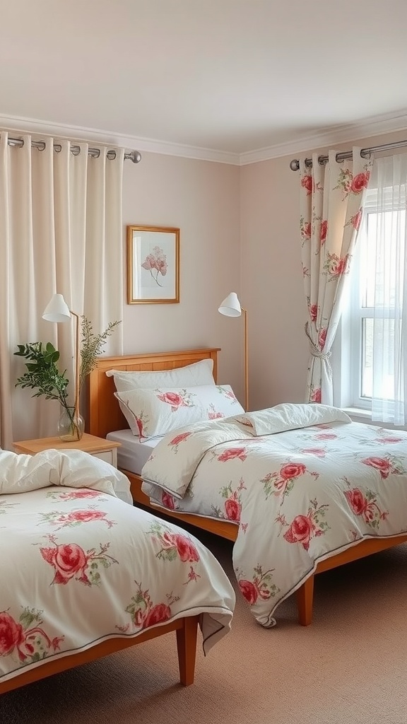 A rustic bedroom featuring two beds with muted floral patterns, wooden furniture, and soft curtains.
